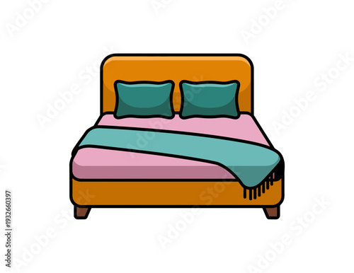 A minimalist vector illustration of a bed with a pink and teal blanket and two green pillows on a white background