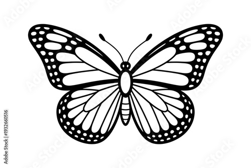 A black and white vector illustration of a monarch butterfly with its wings spread wide