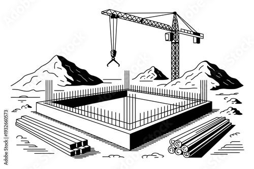 A black and white vector illustration of a construction site with a crane and foundation