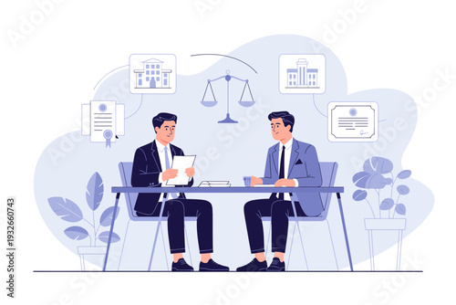 Two businessmen sitting at a table in a modern office with a minimalist design and various charts and graphs on the wall