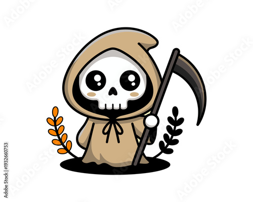 A cartoon grim reaper character with a skull face and scythe, surrounded by autumn leaves on a white background