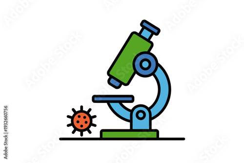 A colorful vector illustration of a microscope examining a virus