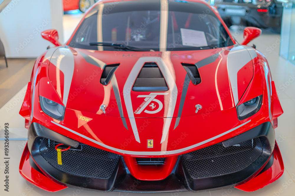 Obraz premium 2 March 2026 Italian Car beautiful Ferrari large mag wheels bright colours on show in Sydney NSW Australia
