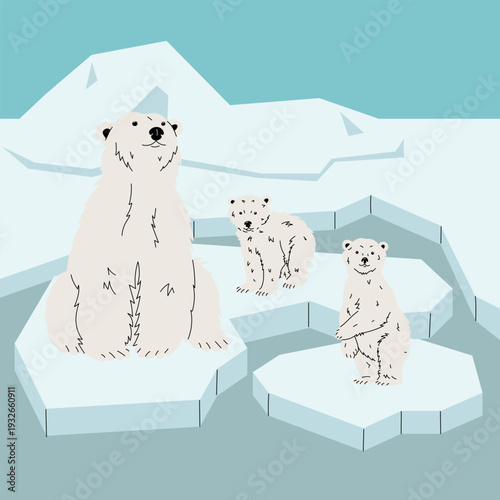 Cute polar bear family with cubs sitting on ice floes in arctic ocean. Flat contour illustration for wildlife protection posters, winter greeting cards or children education banners