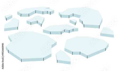 Set of blue ice floes and arctic ice blocks. Flat contour illustration for wildlife protection posters, winter landscape backgrounds or environmental education banners.