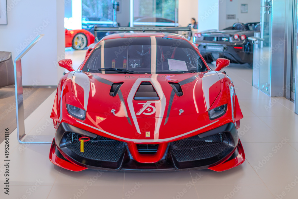 Naklejka premium 2 March 2026 Italian Car beautiful Ferrari large mag wheels bright colours on show in Sydney NSW Australia