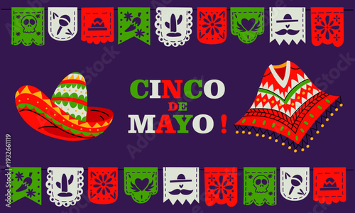 Cinco de Mayo horizontal banner with traditional mexican sombrero and red poncho on the sides. Flat illustration for holiday fiesta posters, mexican culture event invitations or festival banners