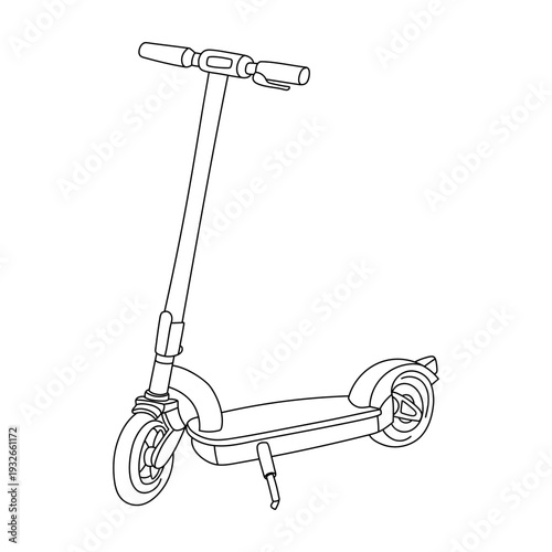 Electric kick scooter doodle on white background. Flat contour illustration for urban lifestyle posters, eco friendly transport banners, mobile app icons or children coloring book pages