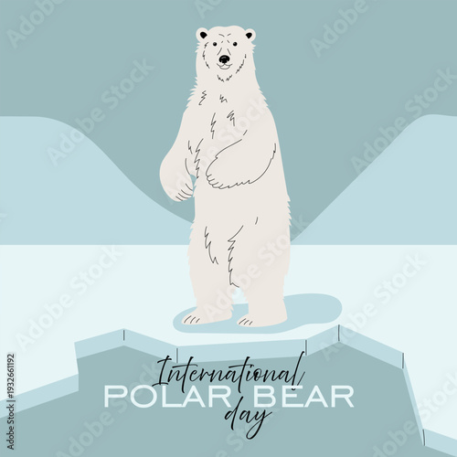 International Polar Bear Day square banner with cute bear standing on ice floe. Flat illustration for wildlife protection social media posts, arctic nature posters or environment greeting cards