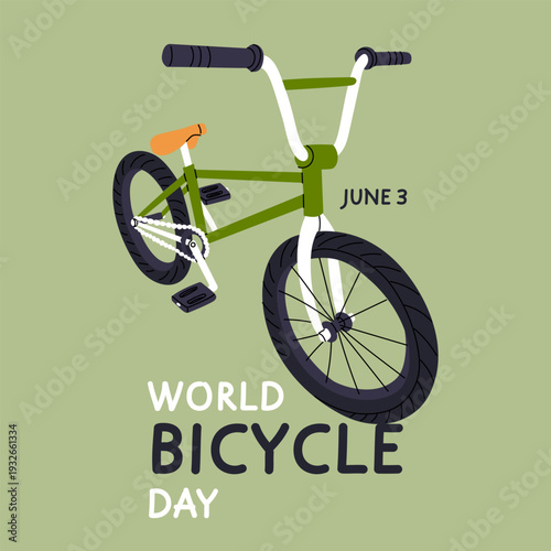 World Bicycle Day horizontal banner with green BMX bike. Flat illustration for cycling holiday posters, extreme sports banners or ecological transport event invitations