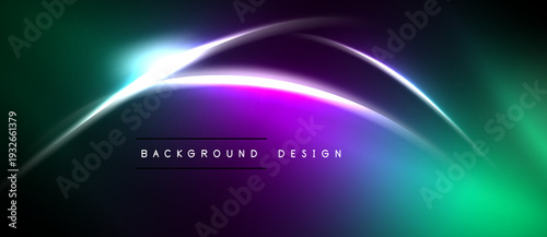 Abstract background features vibrant curves, gradients. Purple, green hues dominate dark space. Text reads background design. Modern, dynamic visual.