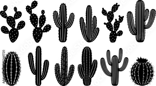 Desert Cactus Silhouette Set - Saguaro and Prickly Pear Botanical Vector