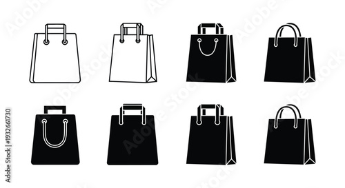 Collection of vector shopping bag icons showcasing various handle and silhouette styles