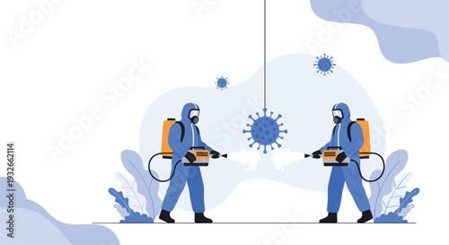 Disinfection workers in protective hazmat suits spraying a giant virus particle to prevent the spread of infectious disease.