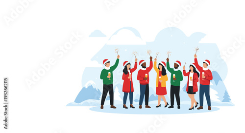 Group of friends celebrating the New Year with sparklers and drinks while standing in a beautiful snowy winter landscape.