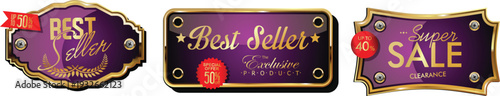 Three purple and gold best seller and sale labels
