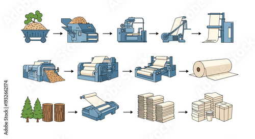 Infographic showing the industrial process of making paper from wood logs and trees to the final packaging and delivery stage.