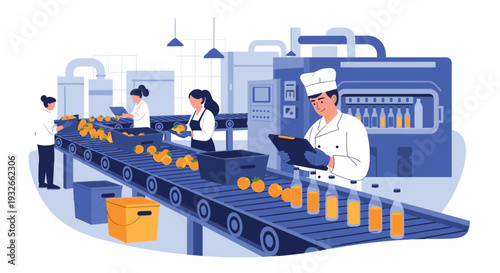 Factory workers in uniforms sorting fresh oranges and monitoring the production line of bottled orange juice in a facility.