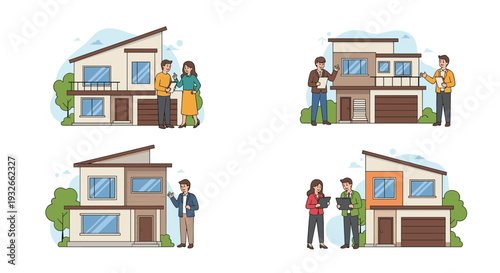 Real estate agents showing various modern house designs to clients during a property viewing and sales consultation process.