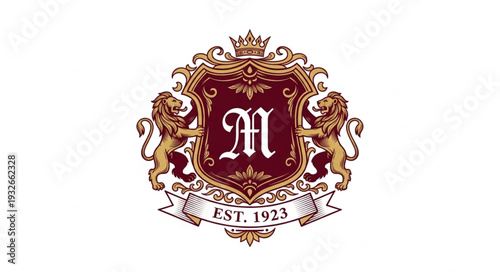 Elegant heraldic crest with lions and crown, established in 1923, vintage design.