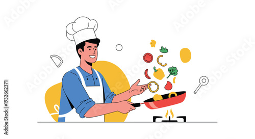 Professional chef tossing fresh sliced vegetables in a frying pan over a gas stove flame while cooking a healthy meal.