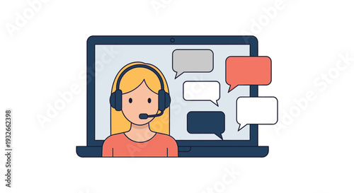 Dedicated female support agent wearing headset in front of laptop with chat messages illustration.