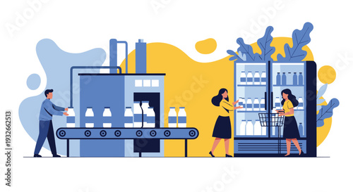Industrial milk production process showing a worker at a conveyor belt and consumers picking bottles from a refrigerator.
