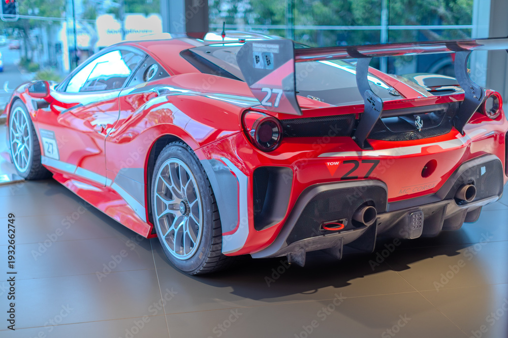 Fototapeta premium 2 March 2026 Italian Car beautiful Ferrari large mag wheels bright colours on show in Sydney NSW Australia