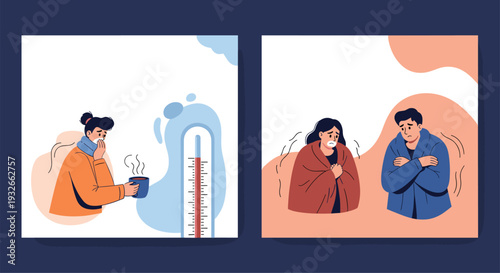 Set of illustrations shows characters suffering from common cold and fever symptoms while using a thermometer and warm blanket.