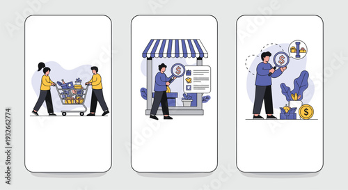 Three mobile application screens demonstrate online shopping features like price comparison, product search, and discount finding.