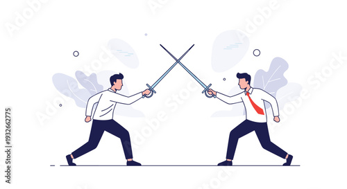 Two determined businessmen engage in a symbolic sword duel with rapiers representing intense corporate competition or conflict.