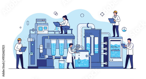 Team of scientists and technicians operates a complex industrial water filtration system in a modern laboratory or factory setting.