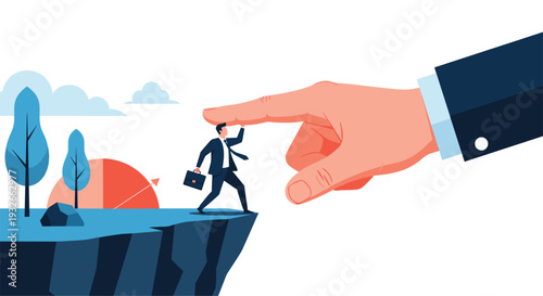 Giant finger pushes a small businessman off a rocky cliff edge symbolizing corporate pressure, layoffs, or professional failure.