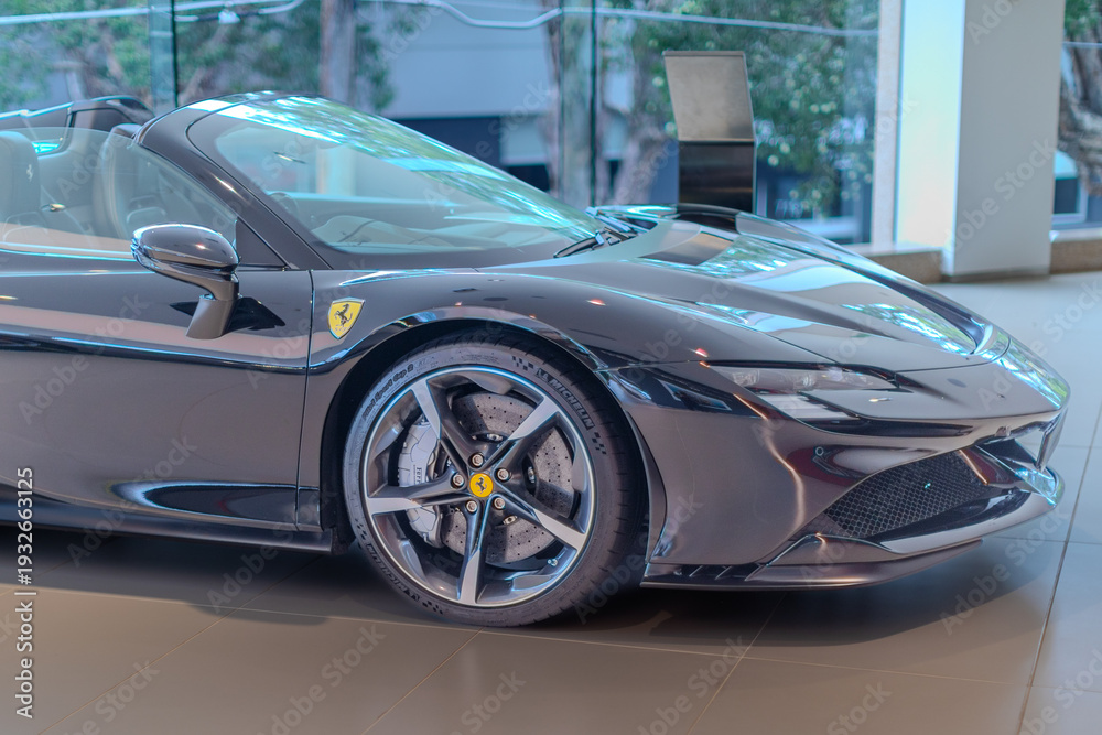 Fototapeta premium 2 March 2026 Italian Car beautiful Ferrari large mag wheels bright colours on show in Sydney NSW Australia