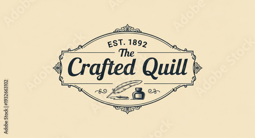 Vintage Crafted Quill Logo Design with Elegant Calligraphy and Inkwell.