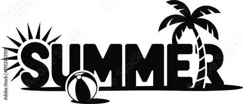Illustration of black and white summer graphic with beach ball palm tree and sun