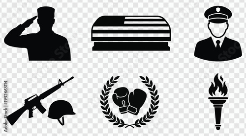 Military and patriotic symbols collection with salute salute flag coffin police officer