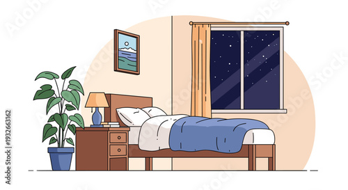 Cozy bedroom interior at night features a comfortable bed with pillows and a blue blanket next to a window with stars in the sky.