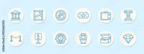 Museum gallery exhibit set icon. Blue outline badges, courthouse facade, framed picture, no photo sign, ticket, television, column pillar, rope barrier, information stand, pharaoh mask