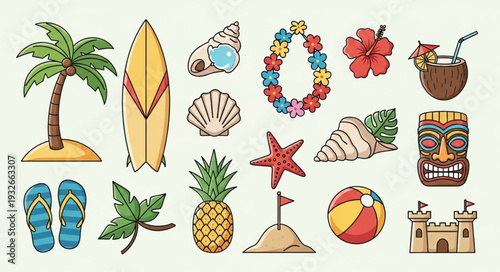Collection of vibrant tropical summer elements for vacation and relaxation on the beach.