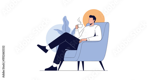 Relaxed man sits comfortably in a blue armchair while enjoying a warm cup of coffee or tea against a minimalist abstract background.