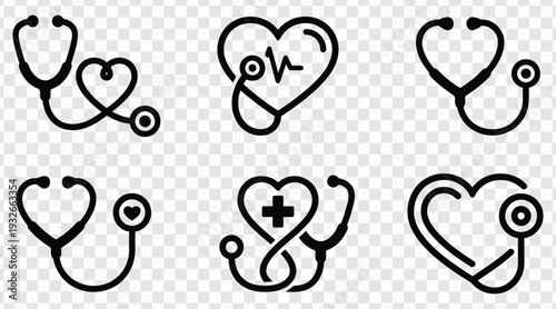 Set of stylized medical stethoscope icons in different heart shapes isolated on transparent background