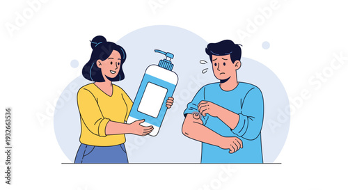 Woman offering a large bottle of skin care lotion to a man who looks worried about his arm and skin condition.