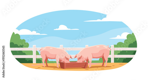 Two pink pigs eating from a wooden trough on a beautiful sunny farm with a fence and green trees in background.