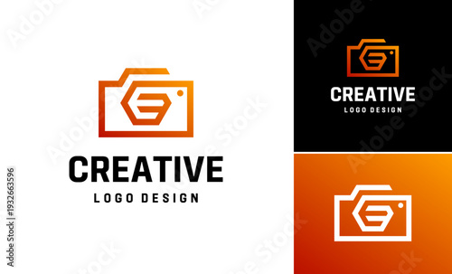 Creative idea letter E photograph symbol logo design inspiration, Stylish minimalist photo camera media vector design
