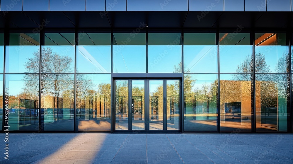 Fototapeta premium modern glass building facade with central glass entrance doors reflecting trees and blue sky, warm sunlight and long shadows, symmetrical minimalist exterior conveying calm serenity