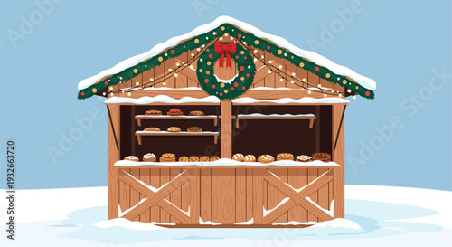 Cozy wooden Christmas market stall covered in snow and decorated with a festive wreath selling delicious pastries.