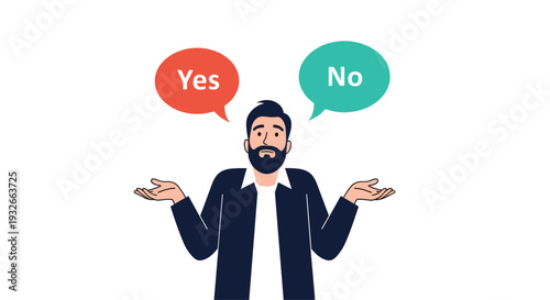 Confused man looking at speech bubbles with yes and no choices representing a difficult decision making process.