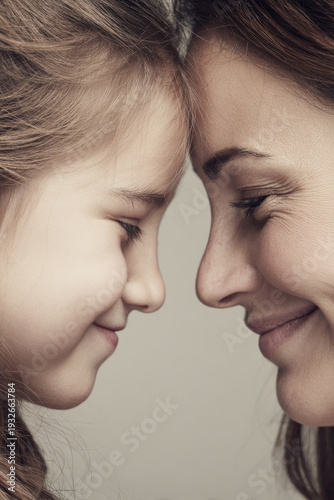 close-up vertical portrait of mother and daughter touching foreheads and smiling, soft neutral background, gentle natural light, emotional bonding moment