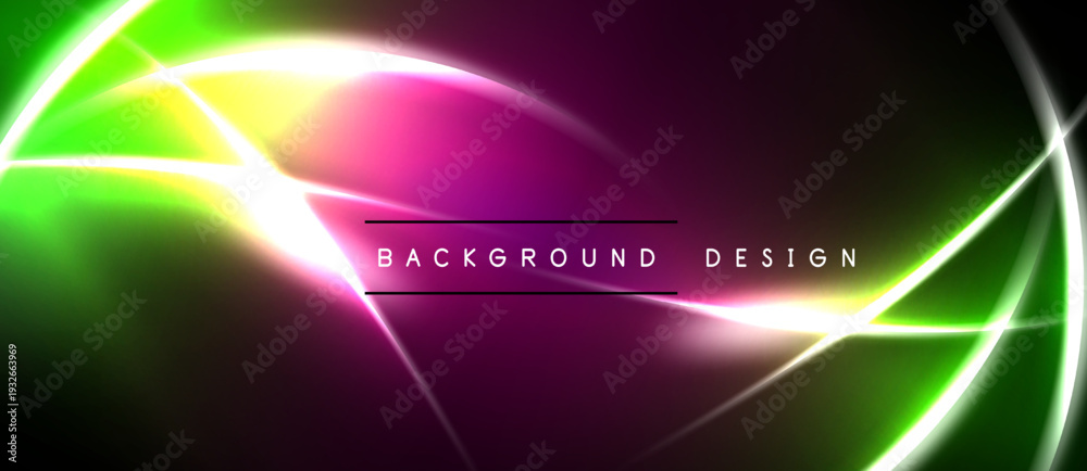 © antishock - Abstract vibrant background. Green, purple, yellow light streaks create dynamic visual effect. Text reads background design.